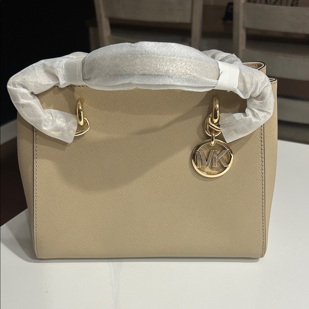 Michael Kors Beige Saffiano Satchel with Gold Hardware